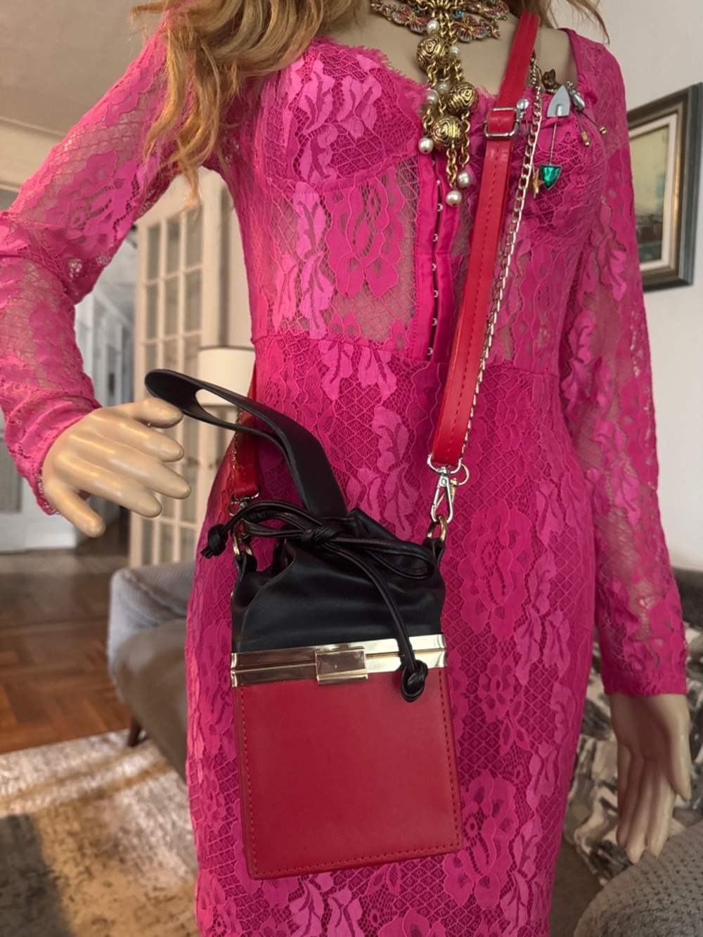 Women’s Red and Black Leather Crossbody Bag - Unbranded